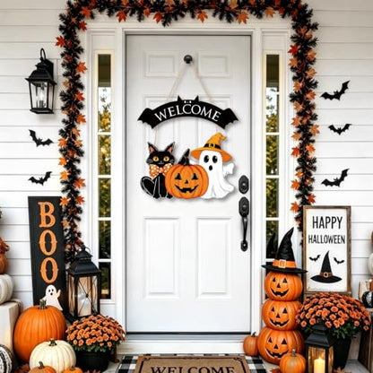 Large Black Wooden Halloween Ghost Door Wreath for Front Door & Wall Decor - Sophena