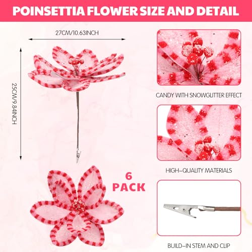 Pink Poinsettia Stem Set with Clips - 6 Pieces for Christmas Tree Decor - Pink Dot
