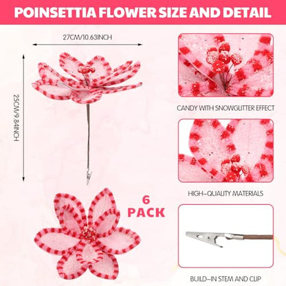Pink Poinsettia Stem Set with Clips - 6 Pieces for Christmas Tree Decor - Pink Dot
