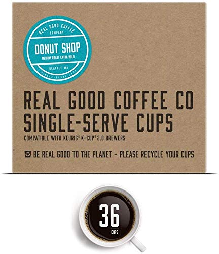 Real Good Coffee Company - Single Use Coffee Pods - Donut Shop Medium Roast Coffee - K-Cup Compatible including Keurig 2.0 Brewers - Recyclable Cups and Packaging - 36 Count