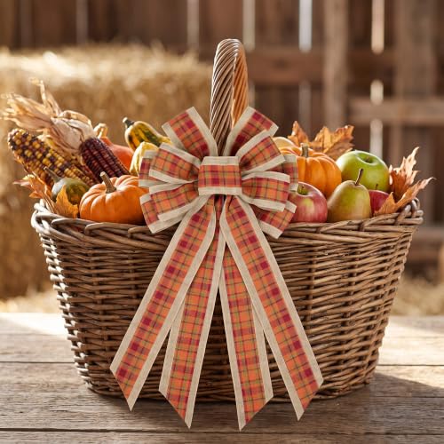 Large Fall Plaid Burlap Wreath Bow - Orange Autumn Door Decor