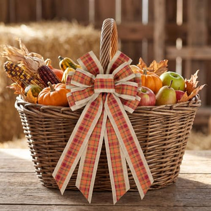 Large Fall Plaid Burlap Wreath Bow - Orange Autumn Door Decor
