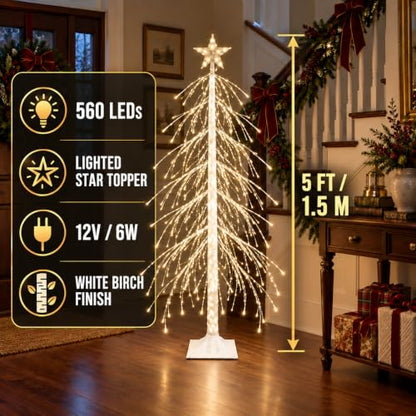 5FT Lighted Christmas Birch Tree - White Weeping Spruce with 560 LED Warm White Lights