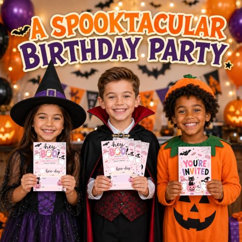 Pink Boo Ghost Halloween Birthday Party Invitations - 20 Pack with Envelopes