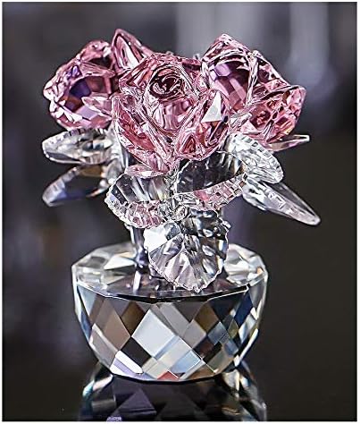 QFkris Pink Crystal Rose Bouquet | Elegant Glass Flower Figurine for Home Decor - 2.8" Ornament for Women