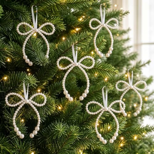 8Pcs White Pearl Bow Christmas Tree Ornaments - Variation of Pearl Bow / White