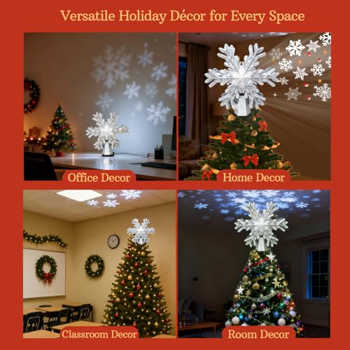 Lighted Snowflake Tree Topper with Rotating Projection for Christmas