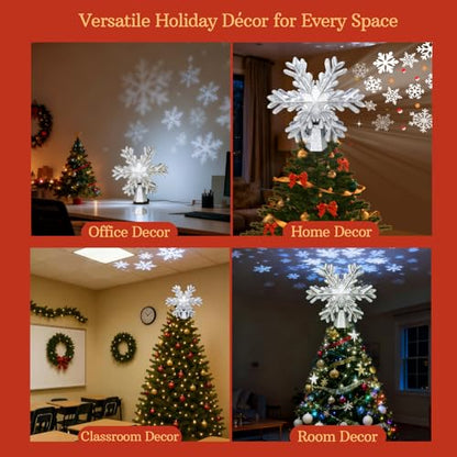 Lighted Snowflake Tree Topper with Rotating Projection for Christmas