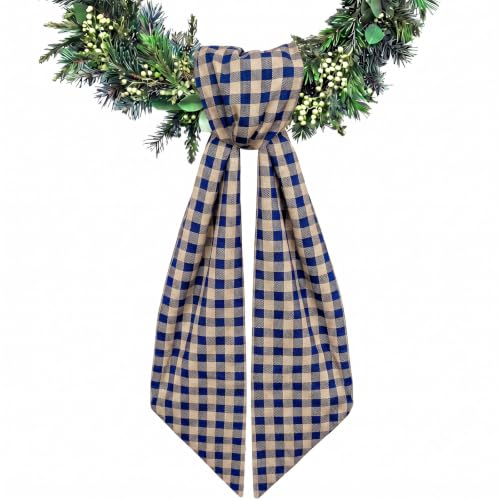 Navy Blue Linen Plaid Wreath Sash for Front Door - Holiday & Event Decor