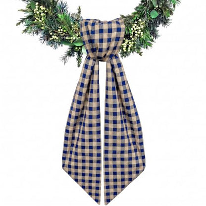 Navy Blue Linen Plaid Wreath Sash for Front Door - Holiday & Event Decor