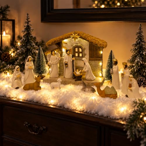 Christmas Nativity Set with Lighted Stable - 17 Pcs Religious Holiday Decor