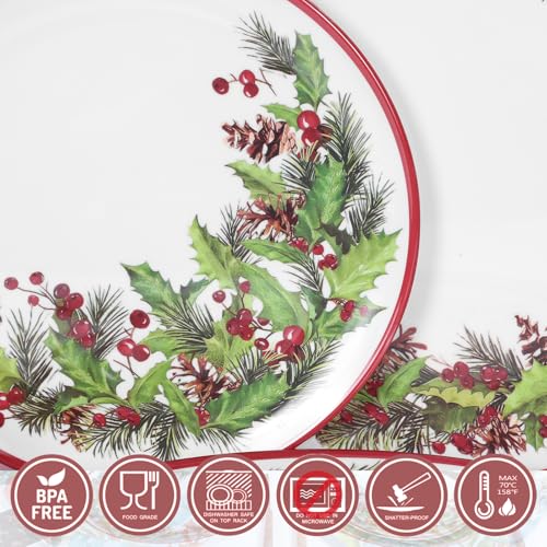 12Pcs Christmas Melamine Dinnerware Set for 4 - Green & Red Garland Style