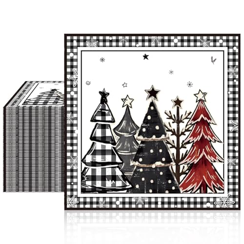Christmas Dinner Paper Napkins - Black White Red Gingham Holiday Party Decor - 100 Pack