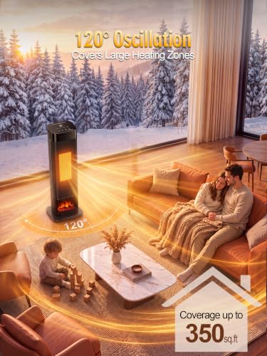 1500W Electric Space Heater for Large Rooms with 3D Flame, Oscillation, Thermostat & Timer