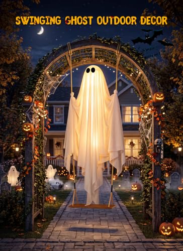 Minetom 4.5FT Medium Swinging Ghost Halloween Outdoor Decor, Hanging Ghost with Lights