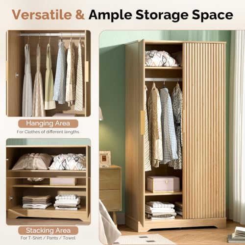 Fluted Wood Armoire Wardrobe with Doors, 2-Shelf Hanging Closet