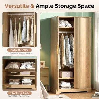 Fluted Wood Armoire Wardrobe with Doors, 2-Shelf Hanging Closet