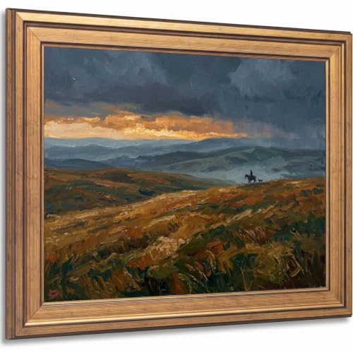 Western Landscape Wall Art with Gold Frame - Moody Horse and Rider Scene - 8 x 10 inches
