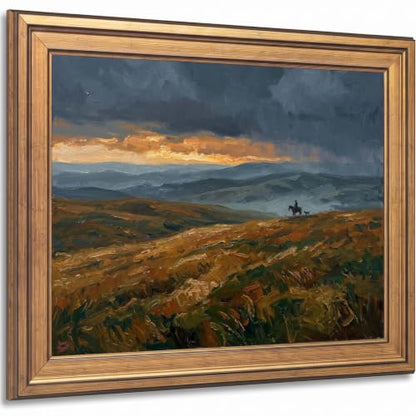 Western Landscape Wall Art with Gold Frame - Moody Horse and Rider Scene - 8 x 10 inches