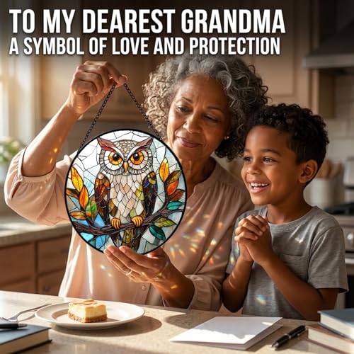Owl on Branch Sun Catcher Indoor Window Decor 6.3 Inch Brown & Orange