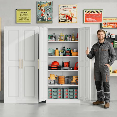 Tall White Metal Kitchen Pantry Cabinet with 2 Doors & 5 Shelves - 71 Inches
