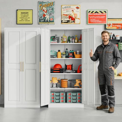 Tall White Metal Kitchen Pantry Cabinet with 2 Doors & 5 Shelves - 71 Inches