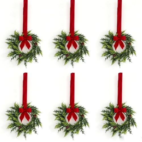 Mini Christmas Wreath Set with Red Velvet Bow - 6 Pcs Holiday Decor