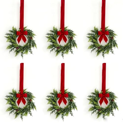 Mini Christmas Wreath Set with Red Velvet Bow - 6 Pcs Holiday Decor