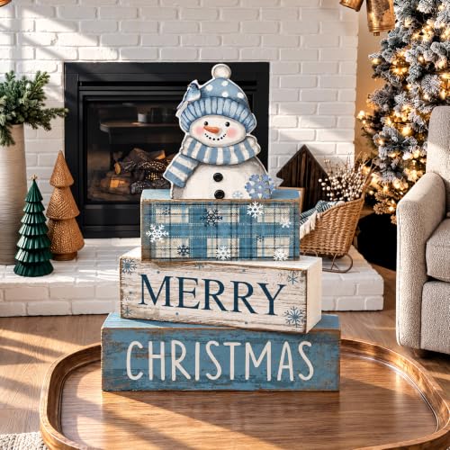 Christmas Snowman Wooden Sign & Book Decor Set - Blue Snowman Variation