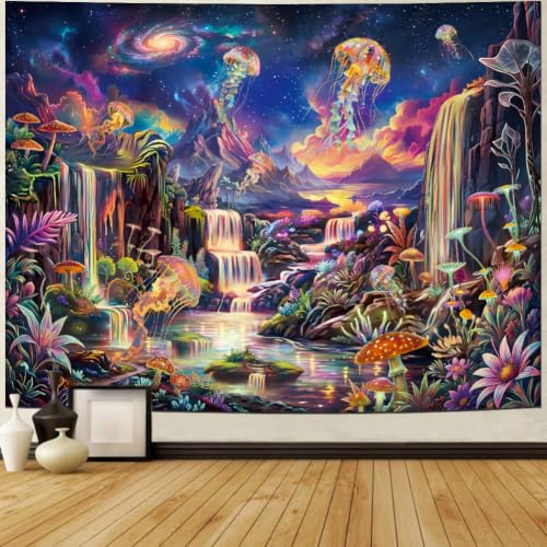 UV Reactive Galaxy Space Tapestry - Blacklight Neon Waterfall Wall Hanging with Variation Galaxy Space 59.1L x 51.2W inches
