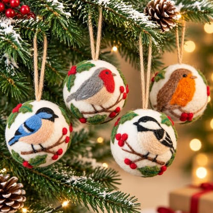 Christmas Felt Bird Ornaments Set - 4 Pcs Hanging Holiday Decorations - Ball