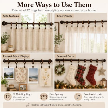 Wood Curtain Rings with Clips - 1.77" Inner Diameter, Walnut Finish, Set of 12