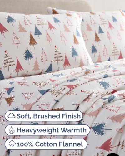 Christmas Flannel Bed Sheet Set - 100% Cotton, Split King, Trees Design