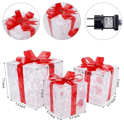 Clear Lighted Christmas Gift Boxes Set of 3 - Outdoor Decor with 60 LEDs