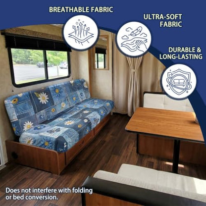 Daisy Butterfly RV Couch Cover Set for Sofa Bed - 2 Pieces, Elastic Fit