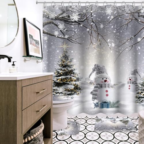 Christmas Snowman Shower Curtain Set - Winter Bathroom Decor, 4 Pieces