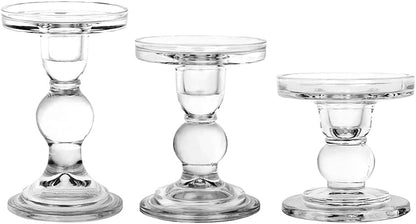 Skiennix 3-Piece Glass Candlestick Set - Elegant Crystal Holders for Christmas & Weddings | Clear