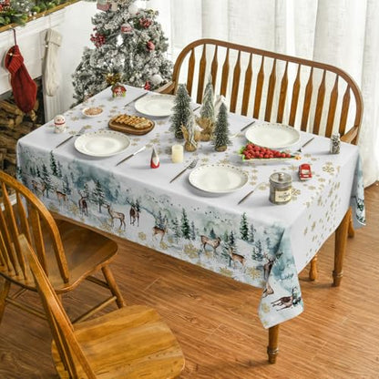 Horaldaily Christmas Tablecloth 52 x 70 Inch Rectangular with Green Snow Deers