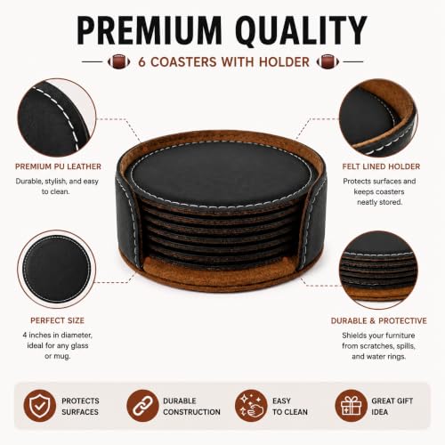 Black 4-Inch Round Leatherette Drink Coasters 6 Pack - Table Protectors