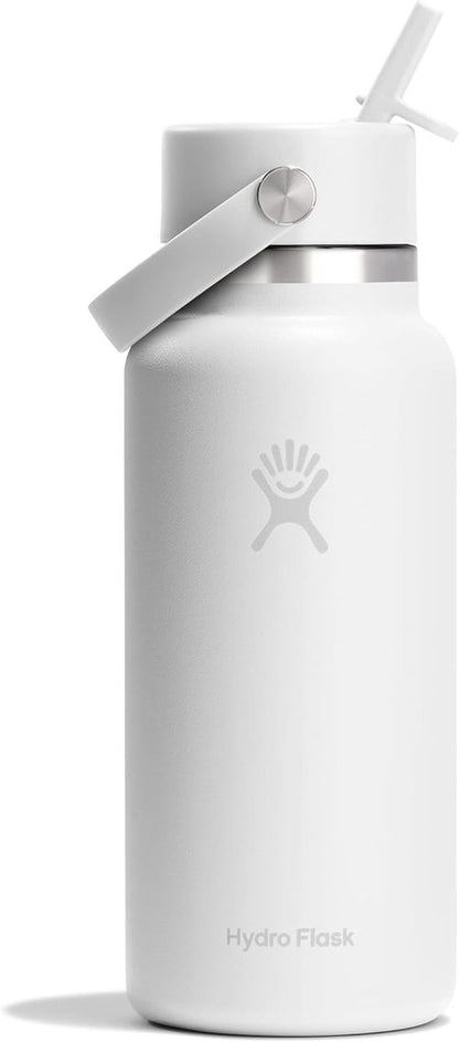 Hydro Flask Water Bottle - Insulated Stainless Steel with Wide Mouth Flex Straw Lid | 32 Oz Tonal White, Leakproof & Refillable