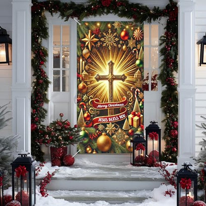 IVN Christmas Golden Cross Door Cover Decoration Banner 71x35 Inch - Holiday Welcome