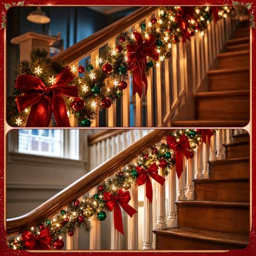 Lighted Christmas Garland with Red and Green Ornaments and Snowflake Lights - Battery Operated, Indoor Outdoor Decor