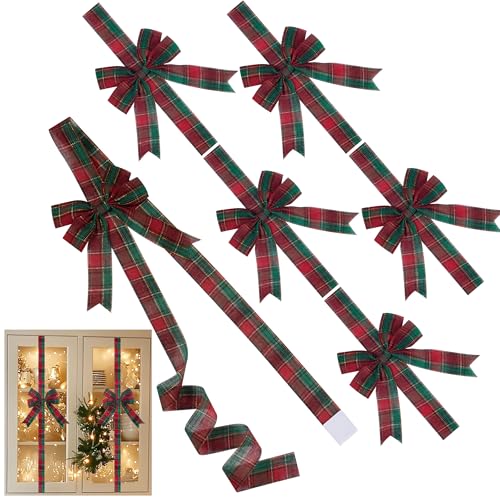 Christmas Cabinet Door Bows Set of 6 - Red Green Plaid Large Holiday Ribbons