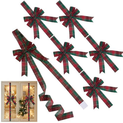 Christmas Cabinet Door Bows Set of 6 - Red Green Plaid Large Holiday Ribbons