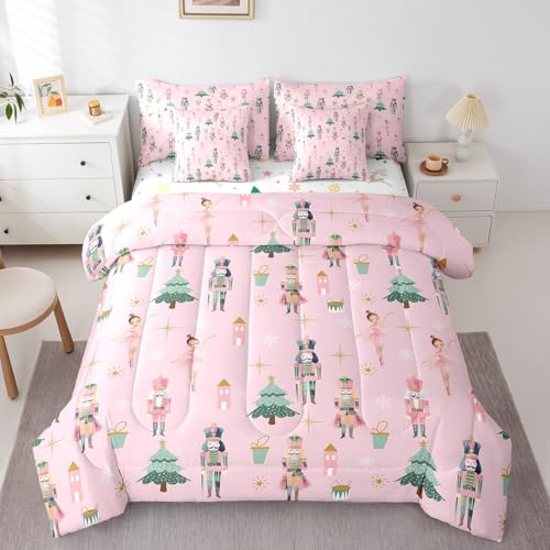 Pink Christmas Comforter Set Queen Size Kids Holiday Bed in a Bag with Variation Green Pink