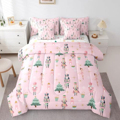 Pink Christmas Comforter Set Queen Size Kids Holiday Bed in a Bag with Variation Green Pink