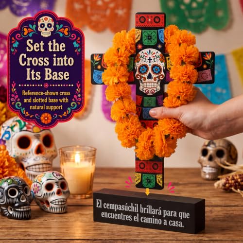 Amyhill Dia De Los Muertos Decor Wood Cross with Marigold Wreath - Classic