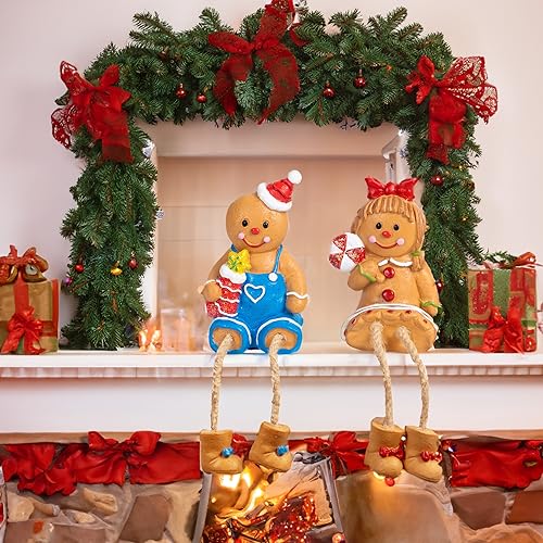 Christmas Gingerbread Man Figurines Set of 2 - Resin Decor with Dangling Legs