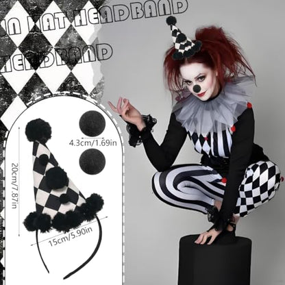 Clown Hat Headband Nose Set - Black White Halloween Costume Accessories