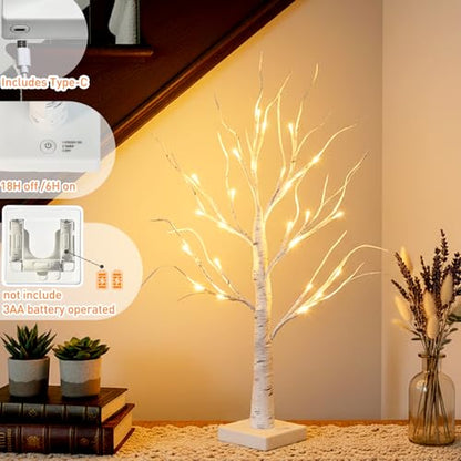 Lighted Birch Tree Christmas Decorations - 2FT Mini LED Tree with Timer, Indoor Table Centerpiece